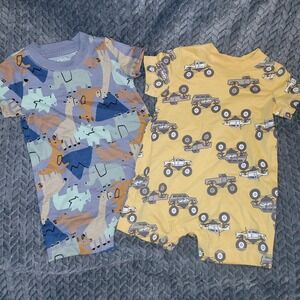 Carters Baby Boy 6M Romper Set 2pk Monster Truck Animal Print Blue Yellow Cotton